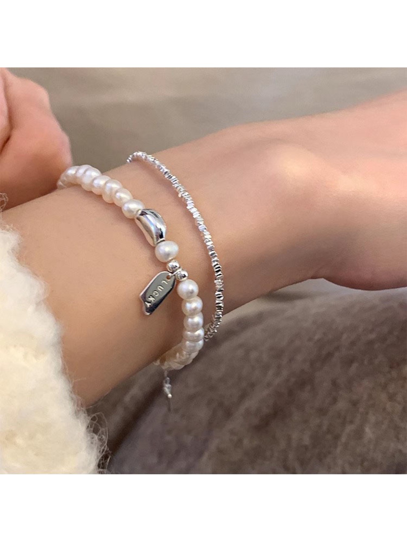 S925 Pure Silver LUCKY Square Brand Freshwater Pearl Bracelet for Women's Ins Simple and Versatile Broken Silver Lucky Bean Handmade 