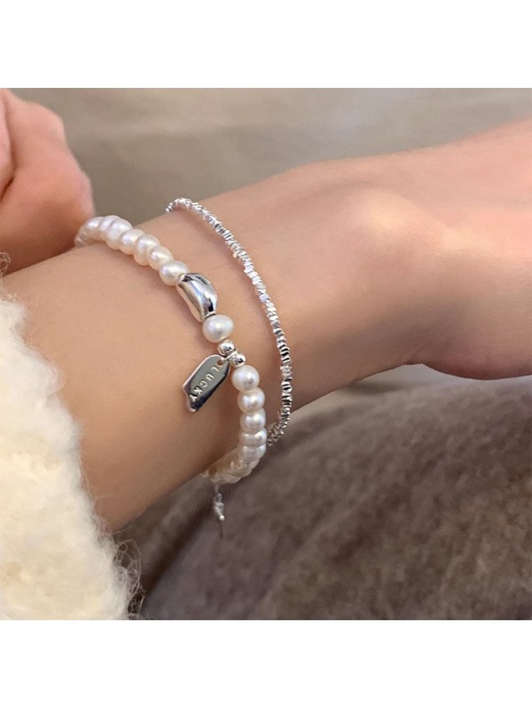 S925 Pure Silver LUCKY Square Brand Freshwater Pearl Bracelet for Women's Ins Simple and Versatile Broken Silver Lucky Bean Handmade