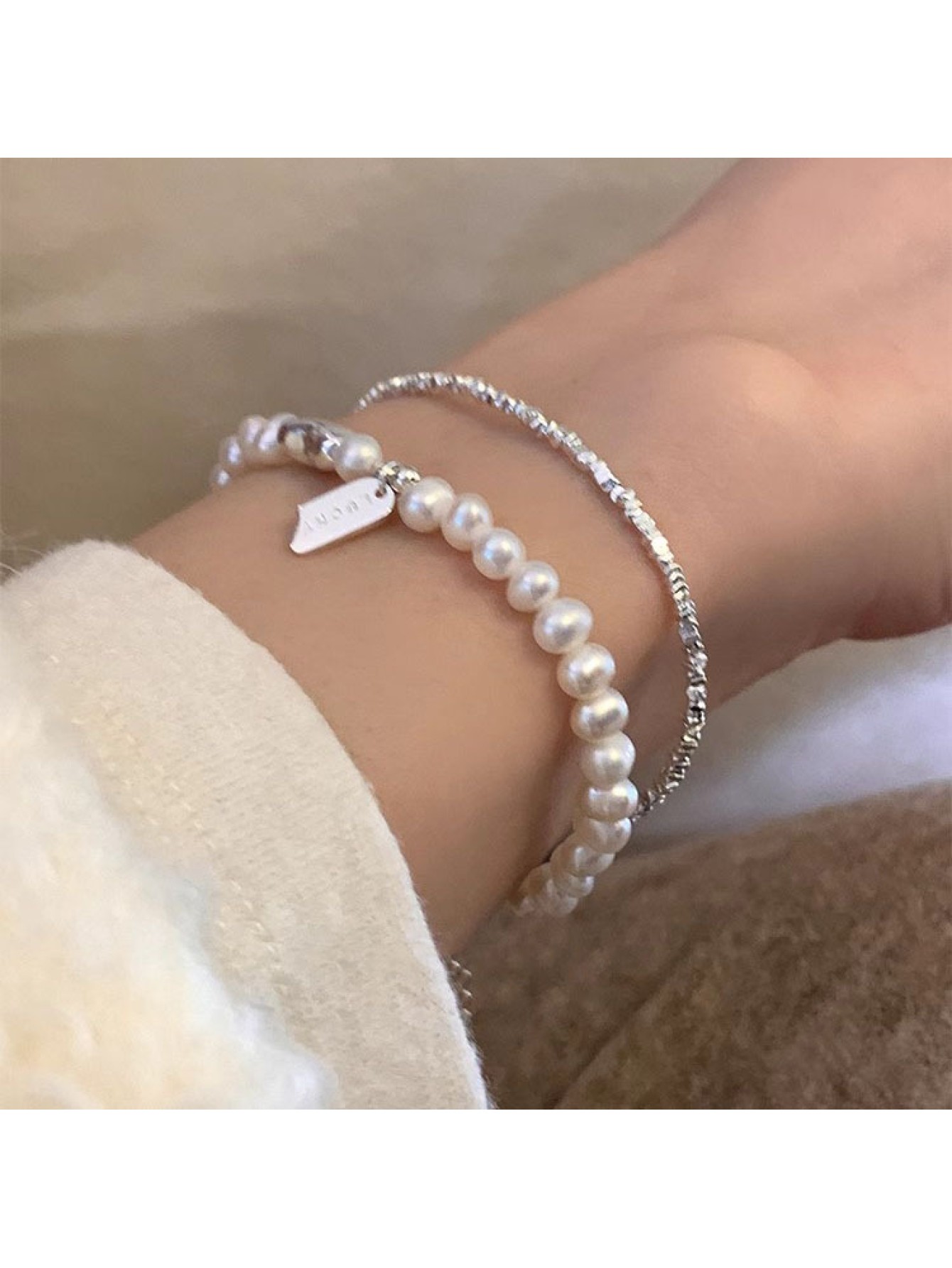 S925 Pure Silver LUCKY Square Brand Freshwater Pearl Bracelet for Women's Ins Simple and Versatile Broken Silver Lucky Bean Handmade 