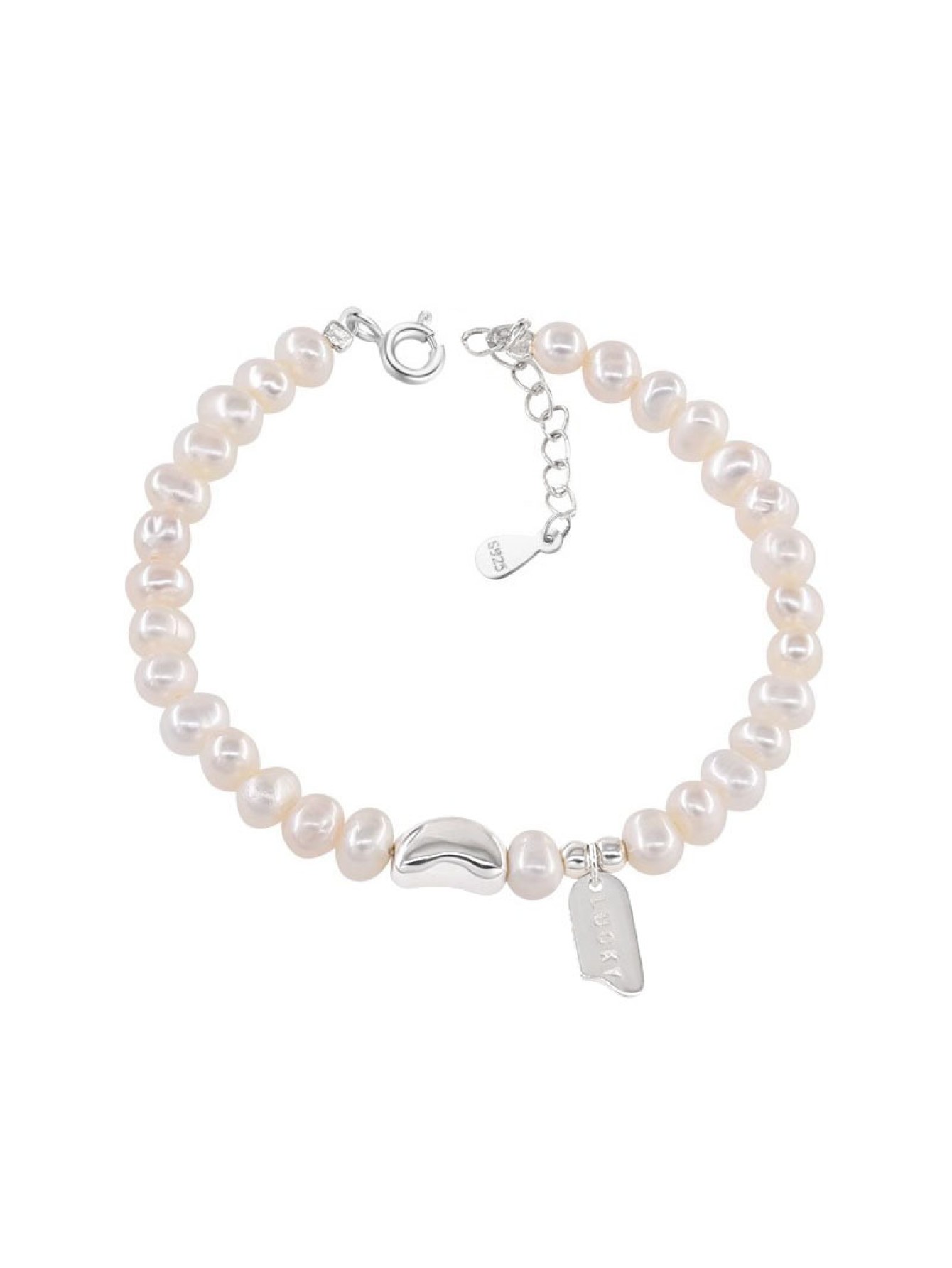 S925 Pure Silver LUCKY Square Brand Freshwater Pearl Bracelet for Women's Ins Simple and Versatile Broken Silver Lucky Bean Handmade 