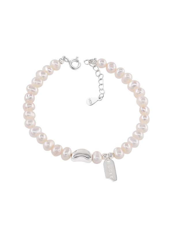 S925 Pure Silver LUCKY Square Brand Freshwater Pearl Bracelet for Women's Ins Simple and Versatile Broken Silver Lucky Bean Handmade