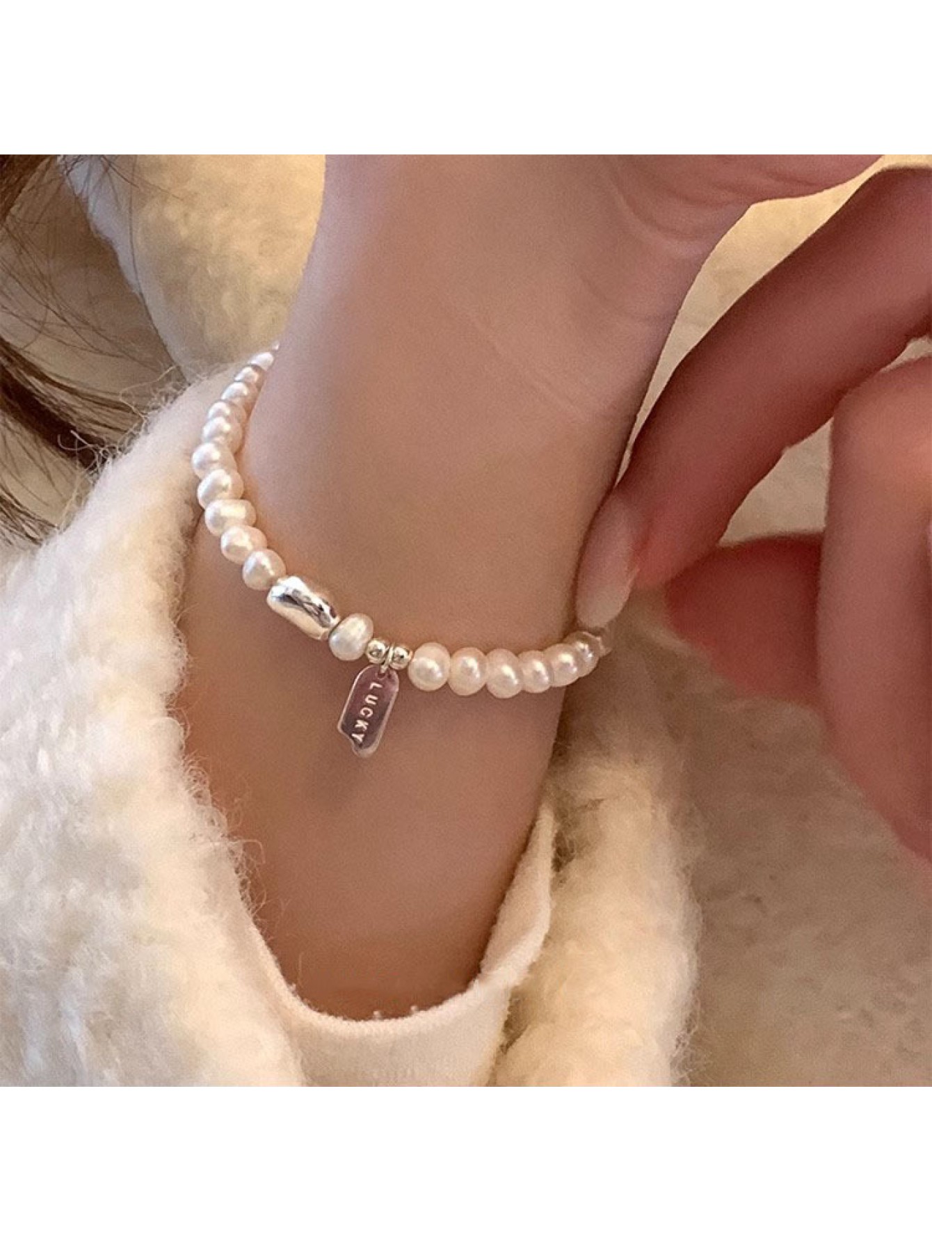 S925 Pure Silver LUCKY Square Brand Freshwater Pearl Bracelet for Women's Ins Simple and Versatile Broken Silver Lucky Bean Handmade 